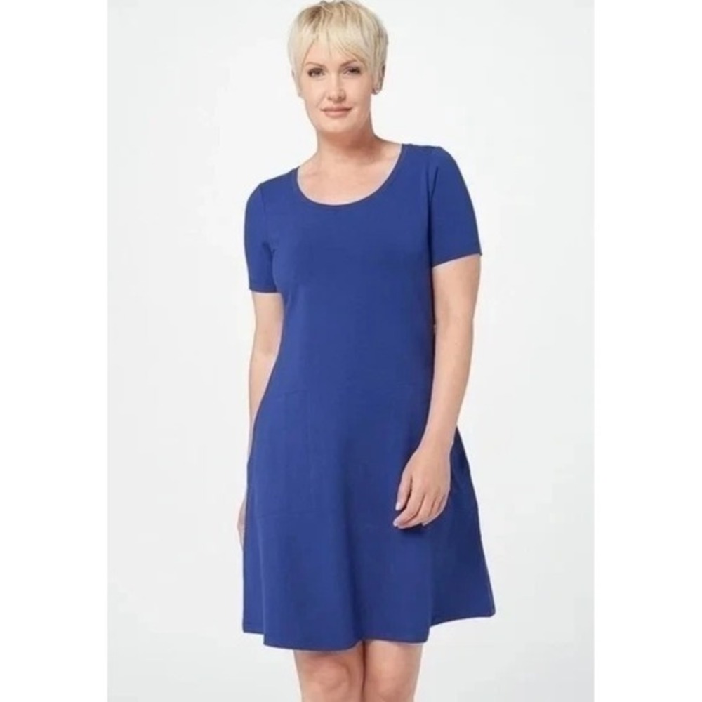 Isaac Mizrahi Blue Oval Hem Pockets Sz L Swing Dress Work Casual Preppy Coastal